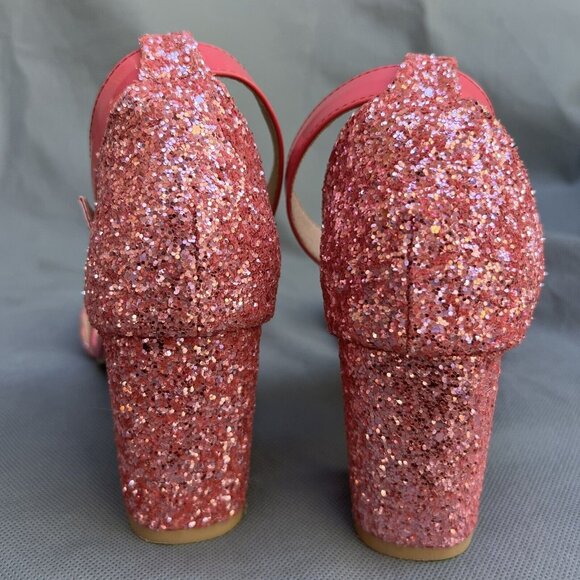 Bright Pink Glitter Block Heels Ankle Strap Open Toe Party Cocktail Sz 39 I 8.5 - Picture 6 of 8